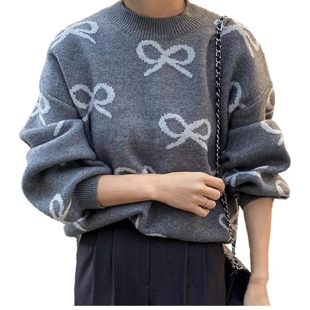 Bow crew neck S grey-white stretch oversized coquette woman sweater shabby chic